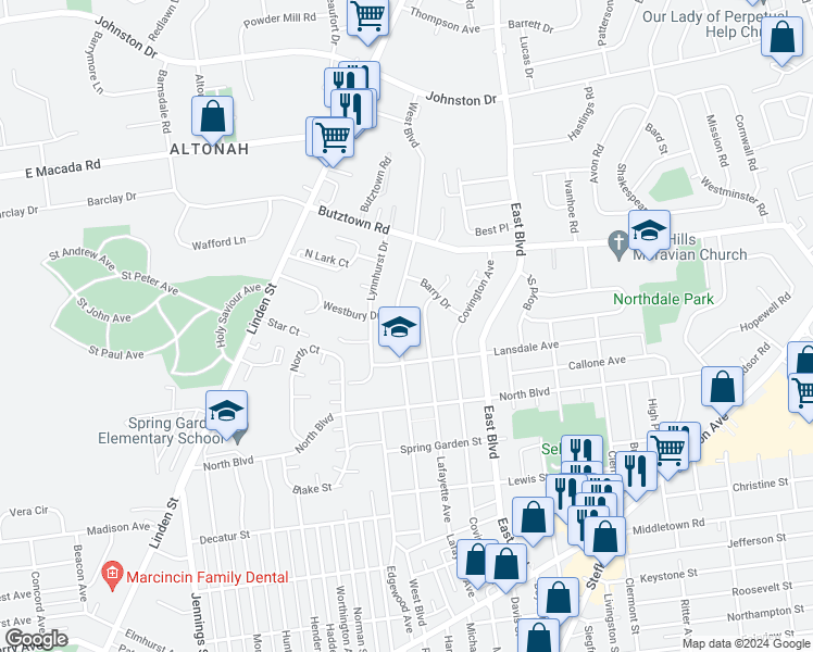 map of restaurants, bars, coffee shops, grocery stores, and more near 2638 West Boulevard in Bethlehem