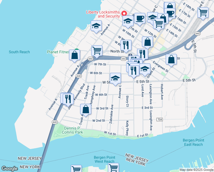 map of restaurants, bars, coffee shops, grocery stores, and more near 123 Newman Avenue in Bayonne