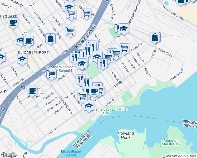 map of restaurants, bars, coffee shops, grocery stores, and more near 155 Second Street in Elizabeth