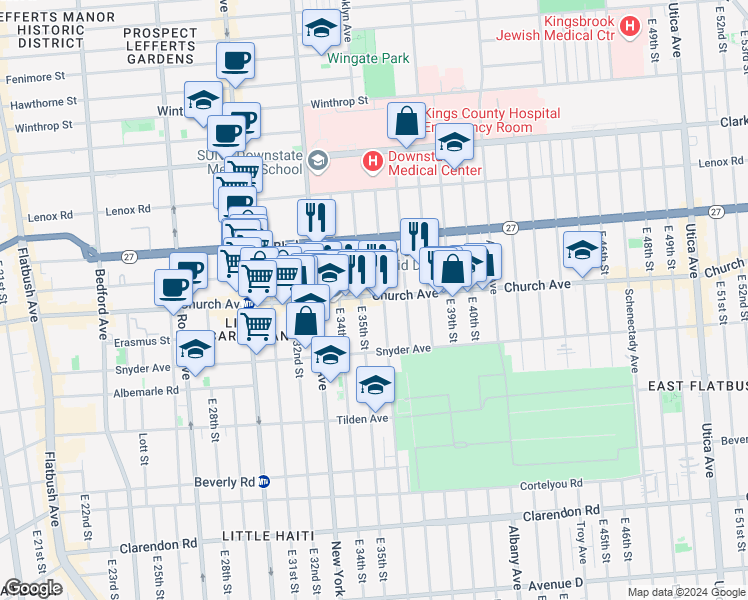 map of restaurants, bars, coffee shops, grocery stores, and more near 3518 Church Avenue in Brooklyn