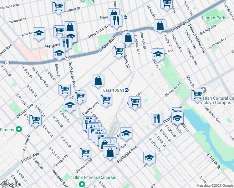 map of restaurants, bars, coffee shops, grocery stores, and more near 10300 Foster Avenue in Brooklyn