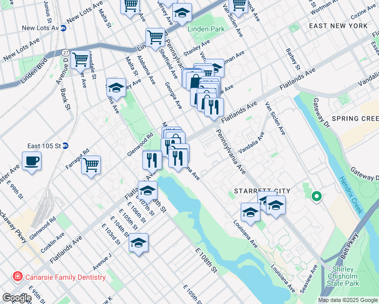 map of restaurants, bars, coffee shops, grocery stores, and more near 12049 Flatlands Avenue in Brooklyn
