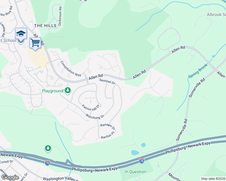 map of restaurants, bars, coffee shops, grocery stores, and more near 1 Watchung Drive in Basking Ridge