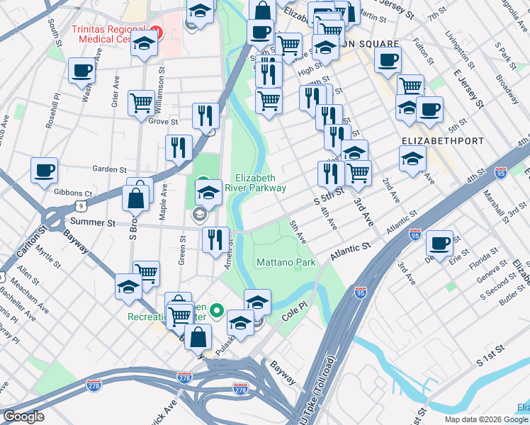 map of restaurants, bars, coffee shops, grocery stores, and more near 513 Spencer Street in Elizabeth
