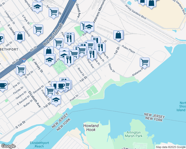 map of restaurants, bars, coffee shops, grocery stores, and more near 111 Pine Street in Elizabeth
