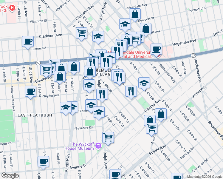 map of restaurants, bars, coffee shops, grocery stores, and more near 634 Remsen Avenue in Brooklyn