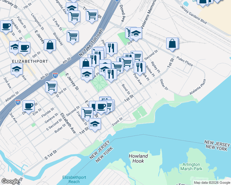 map of restaurants, bars, coffee shops, grocery stores, and more near 148 Magnolia Avenue in Elizabeth