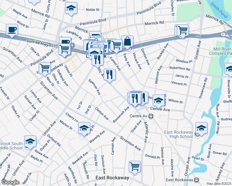 map of restaurants, bars, coffee shops, grocery stores, and more near 185 Atlantic Avenue in Lynbrook