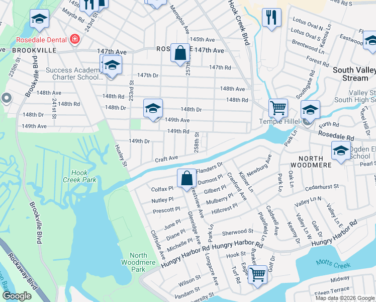 map of restaurants, bars, coffee shops, grocery stores, and more near 149-46 257th Street in Queens