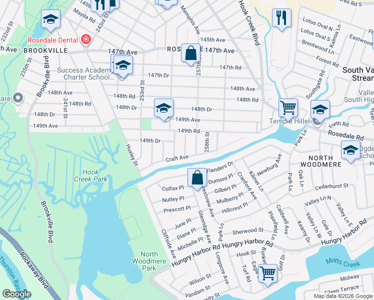 map of restaurants, bars, coffee shops, grocery stores, and more near 149-46 257th Street in Queens