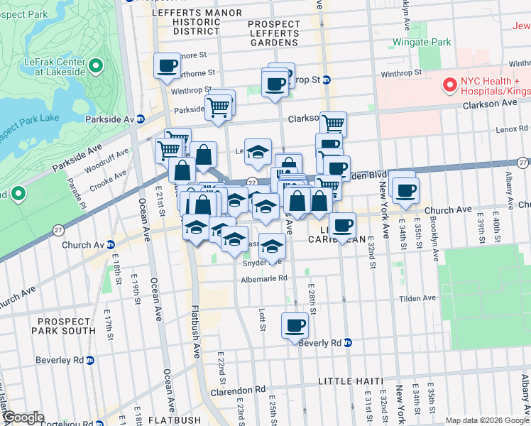 map of restaurants, bars, coffee shops, grocery stores, and more near 2527 Church Avenue in Brooklyn