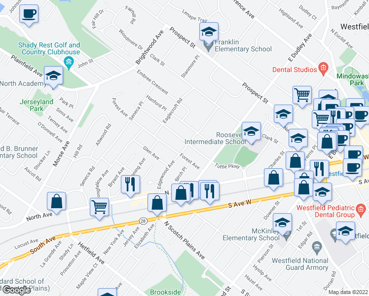 map of restaurants, bars, coffee shops, grocery stores, and more near 334 Edgewood Avenue in Westfield