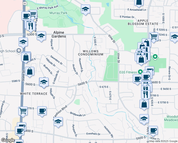 map of restaurants, bars, coffee shops, grocery stores, and more near 5537 Willow Lane in Murray