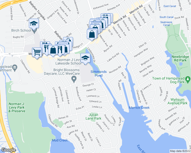 map of restaurants, bars, coffee shops, grocery stores, and more near 2717 Shore Drive in Merrick