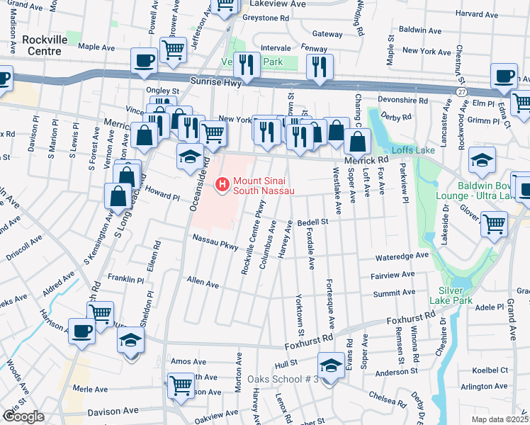 map of restaurants, bars, coffee shops, grocery stores, and more near 2422 Columbus Avenue in Oceanside