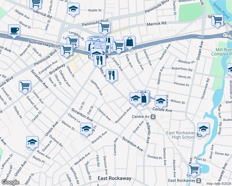 map of restaurants, bars, coffee shops, grocery stores, and more near 12 Atlantic Avenue in Lynbrook