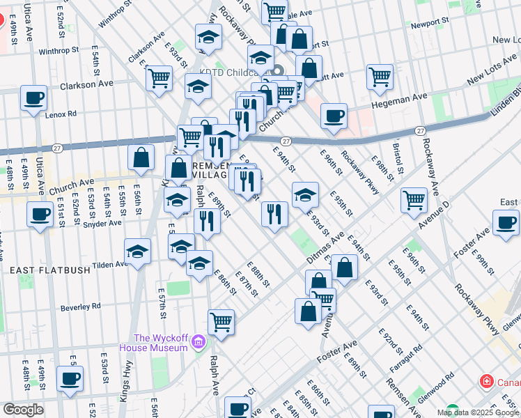 map of restaurants, bars, coffee shops, grocery stores, and more near 9102 Avenue A in Brooklyn