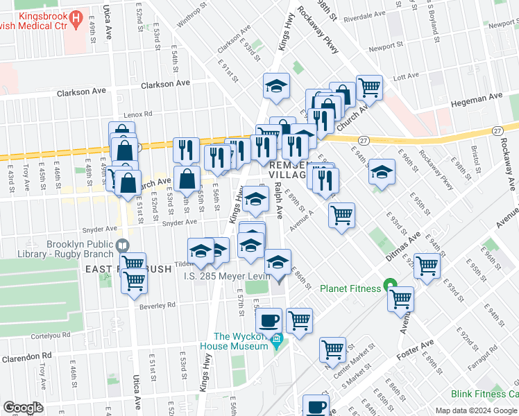 map of restaurants, bars, coffee shops, grocery stores, and more near 115 East 59th Street in Brooklyn
