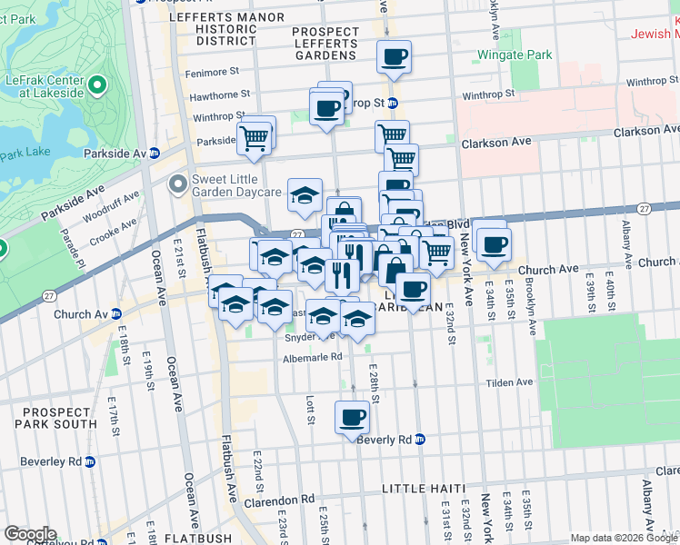 map of restaurants, bars, coffee shops, grocery stores, and more near 801 Rogers Avenue in Brooklyn