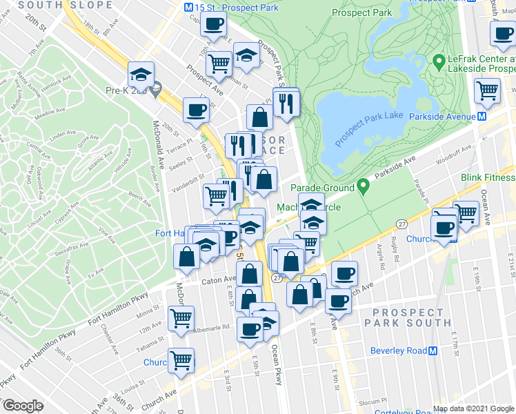 map of restaurants, bars, coffee shops, grocery stores, and more near Fort Hamilton Parkway in Brooklyn
