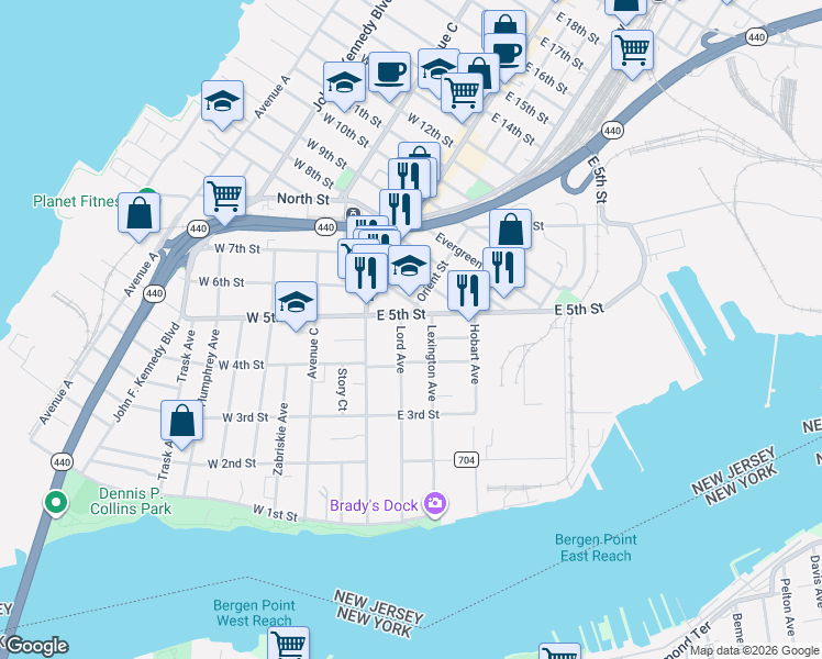 map of restaurants, bars, coffee shops, grocery stores, and more near 5 East 5th Street in Bayonne