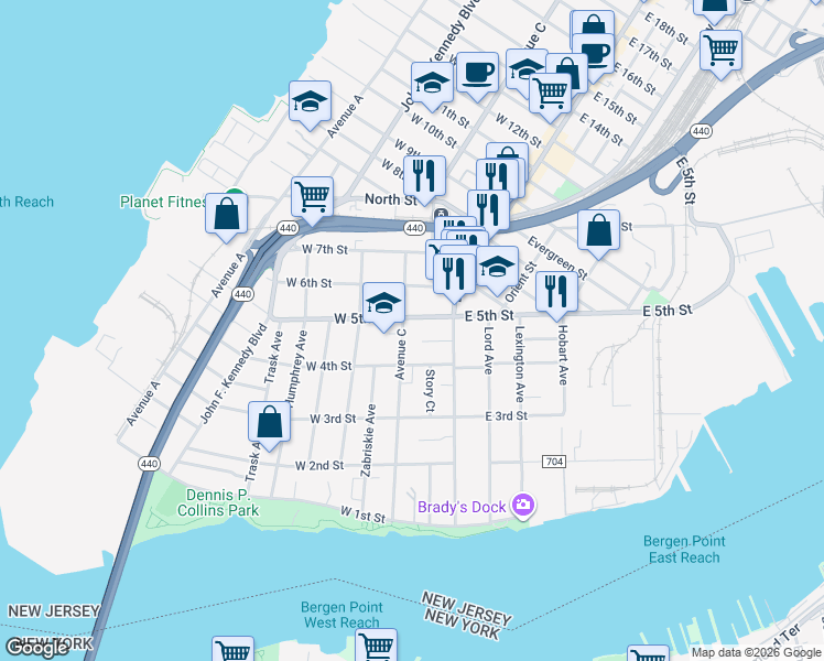 map of restaurants, bars, coffee shops, grocery stores, and more near 156 Avenue C in Bayonne