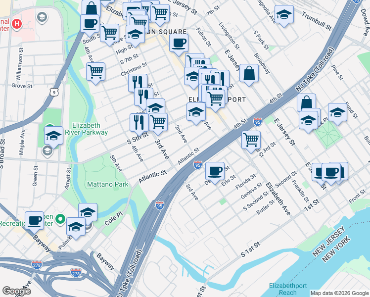 map of restaurants, bars, coffee shops, grocery stores, and more near 203 Rankin Street in Elizabeth
