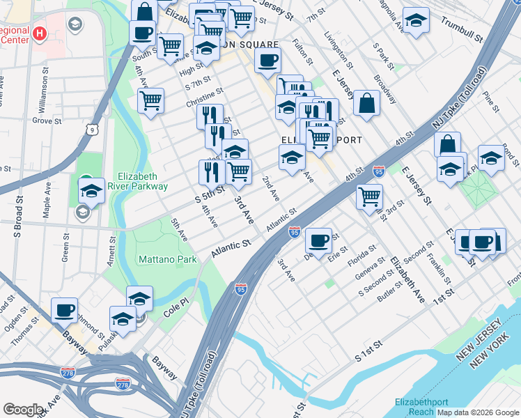 map of restaurants, bars, coffee shops, grocery stores, and more near 203 Rankin Street in Elizabeth