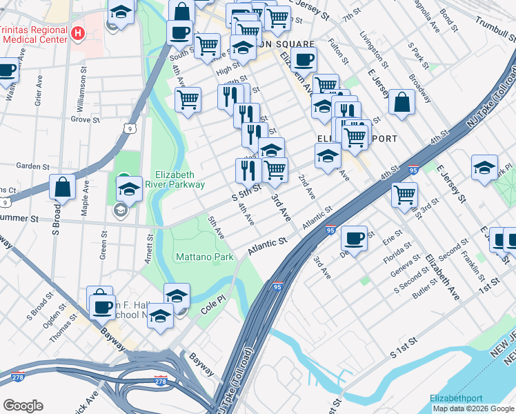 map of restaurants, bars, coffee shops, grocery stores, and more near 313 Loomis Street in Elizabeth