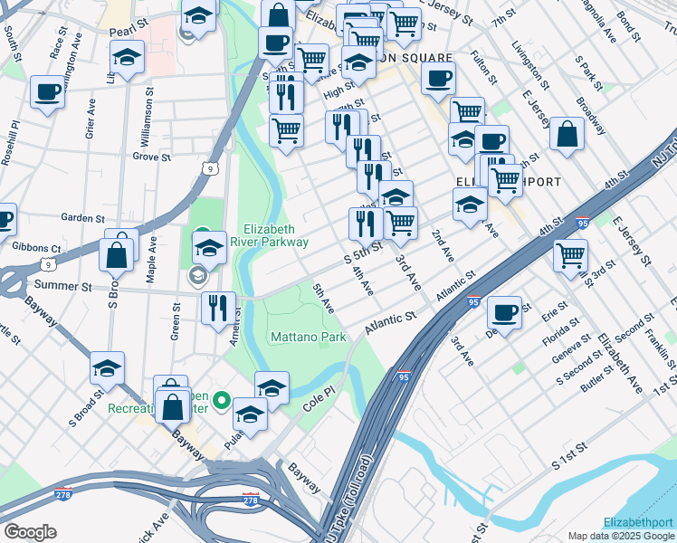 map of restaurants, bars, coffee shops, grocery stores, and more near 400 South 5th Street in Elizabeth