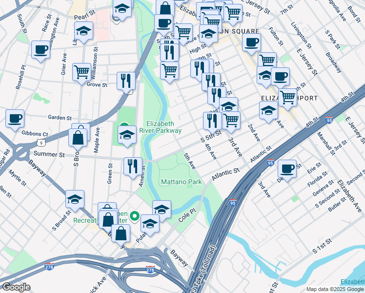 map of restaurants, bars, coffee shops, grocery stores, and more near 424-426 Spencer Street in Elizabeth