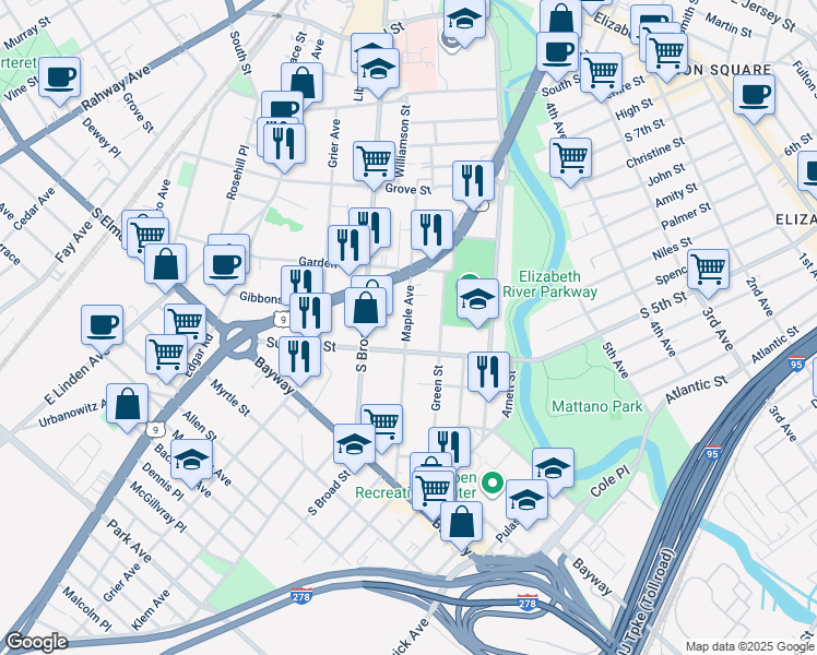 map of restaurants, bars, coffee shops, grocery stores, and more near 534 Maple Avenue in Elizabeth