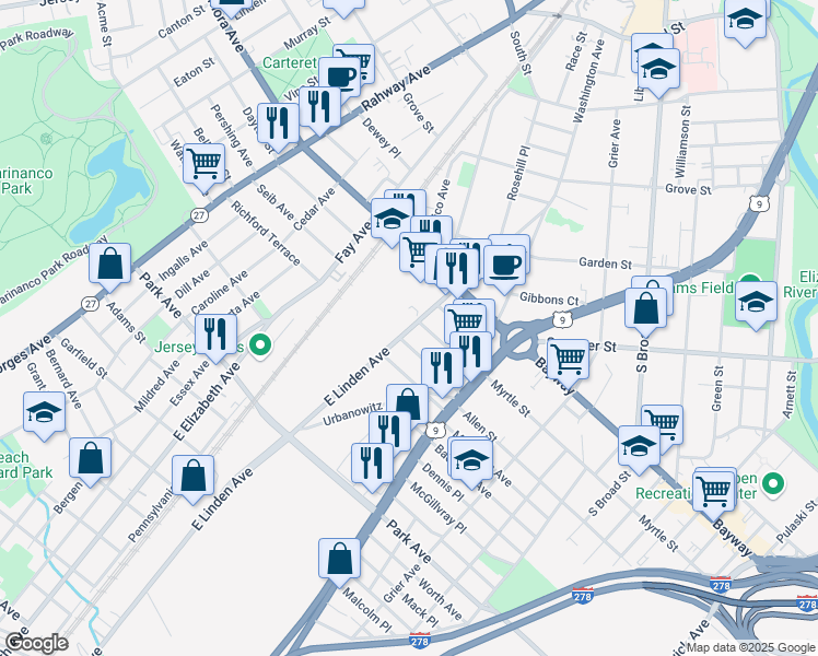 map of restaurants, bars, coffee shops, grocery stores, and more near 711 Lidgerwood Avenue in Elizabeth