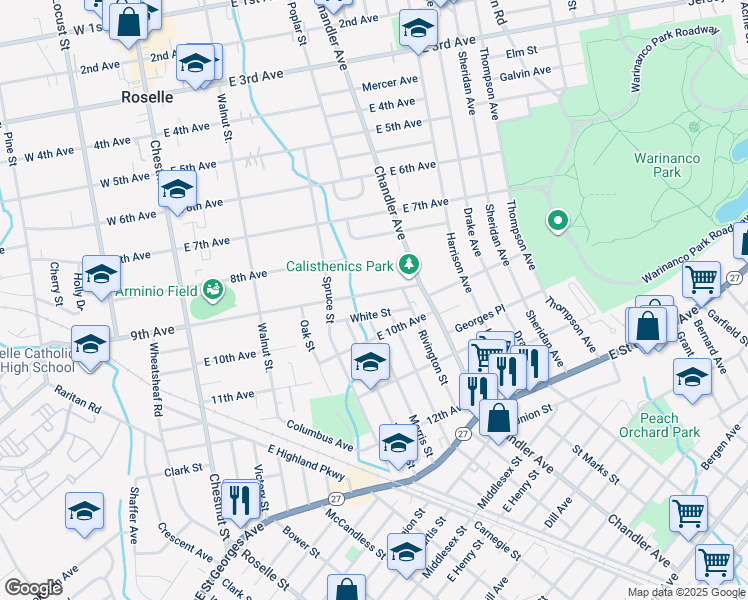 map of restaurants, bars, coffee shops, grocery stores, and more near 399 East 9th Avenue in Roselle