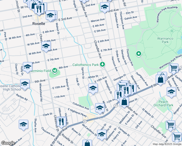 map of restaurants, bars, coffee shops, grocery stores, and more near 375 9th Avenue in Roselle