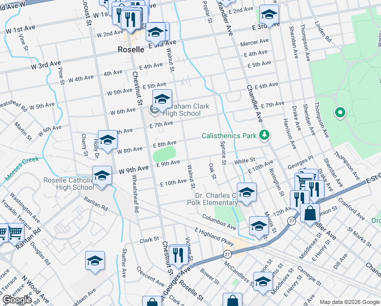 map of restaurants, bars, coffee shops, grocery stores, and more near 214 8th Avenue in Roselle