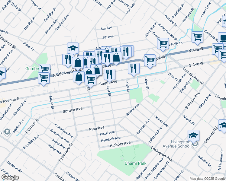 map of restaurants, bars, coffee shops, grocery stores, and more near 266 Willow Avenue in Garwood