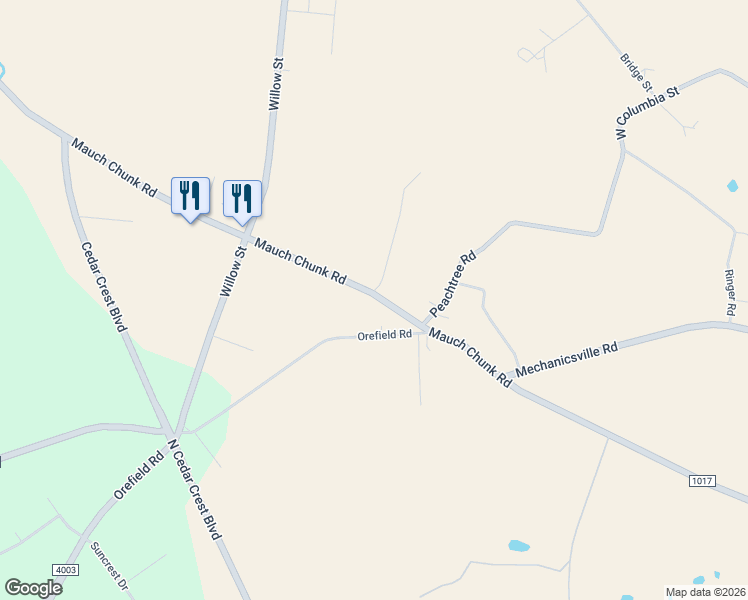 map of restaurants, bars, coffee shops, grocery stores, and more near 3086 State Route 1017 in Coplay