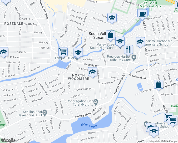 map of restaurants, bars, coffee shops, grocery stores, and more near 1055 Lawrence Court in Valley Stream