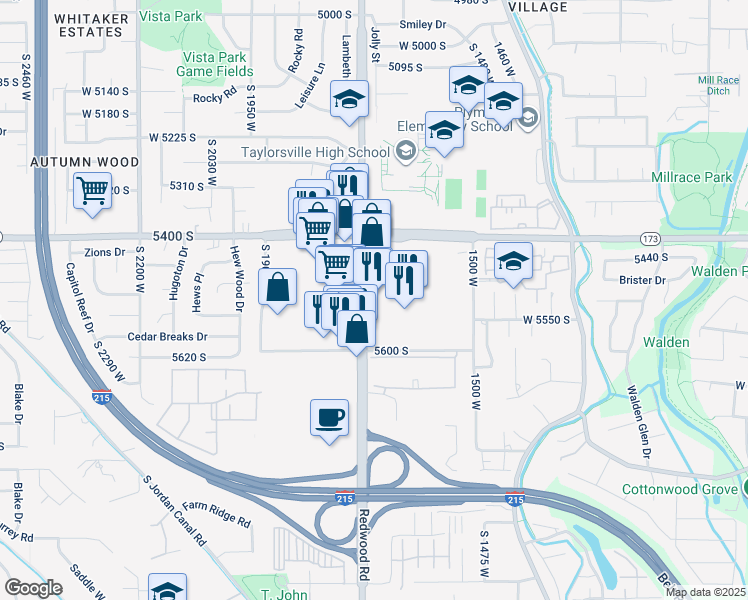 map of restaurants, bars, coffee shops, grocery stores, and more near 5571 South Redwood Road in Taylorsville