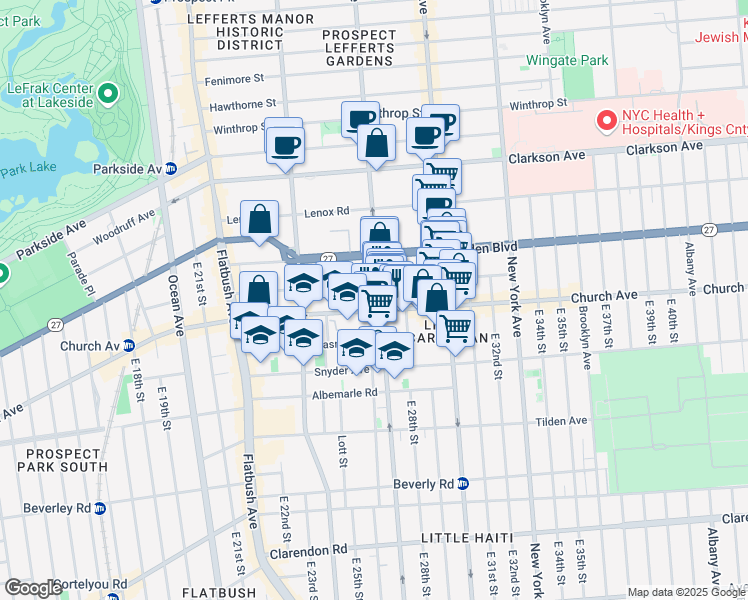 map of restaurants, bars, coffee shops, grocery stores, and more near 801 Rogers Avenue in Brooklyn