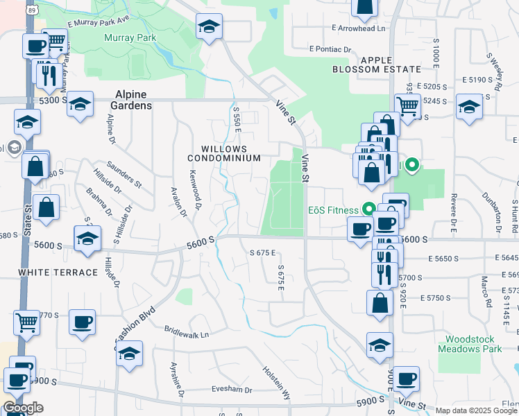 map of restaurants, bars, coffee shops, grocery stores, and more near 5536 Springtree Lane in Murray