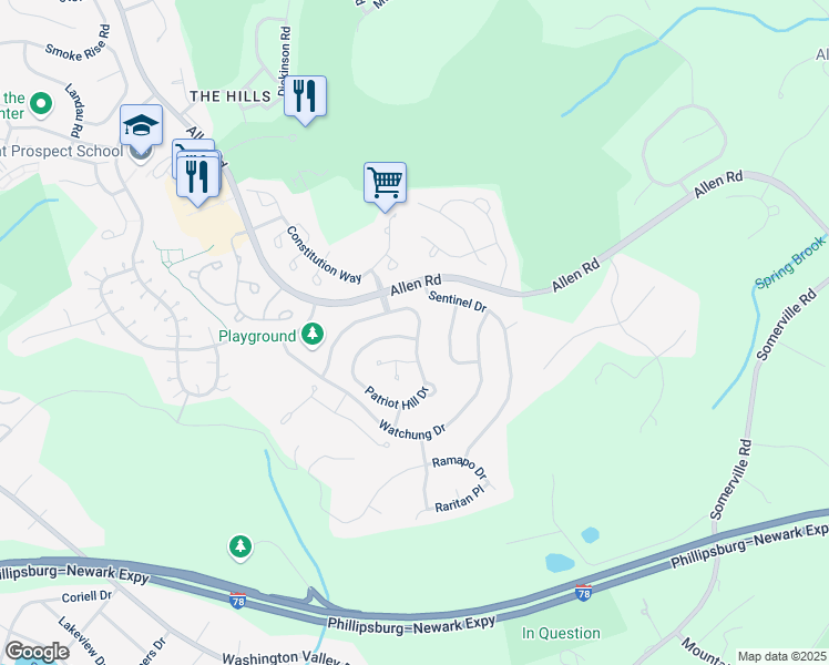 map of restaurants, bars, coffee shops, grocery stores, and more near 71 Patriot Hill Drive in Basking Ridge