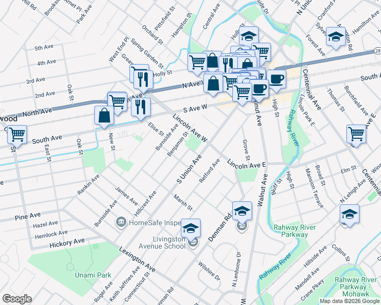 map of restaurants, bars, coffee shops, grocery stores, and more near 15 Hillcrest Avenue in Cranford