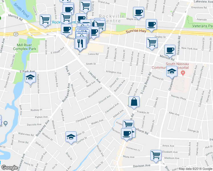 map of restaurants, bars, coffee shops, grocery stores, and more near 223 South Marion Place in Rockville Centre