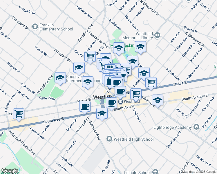 map of restaurants, bars, coffee shops, grocery stores, and more near 143 East Broad Street in Westfield