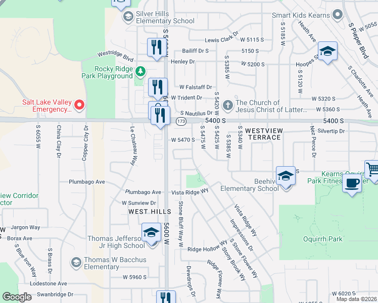 map of restaurants, bars, coffee shops, grocery stores, and more near 5519 West 5505 South in Salt Lake City