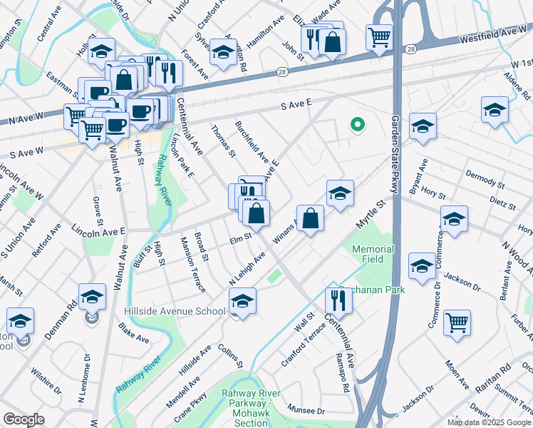 map of restaurants, bars, coffee shops, grocery stores, and more near 207 Thomas Street in Cranford