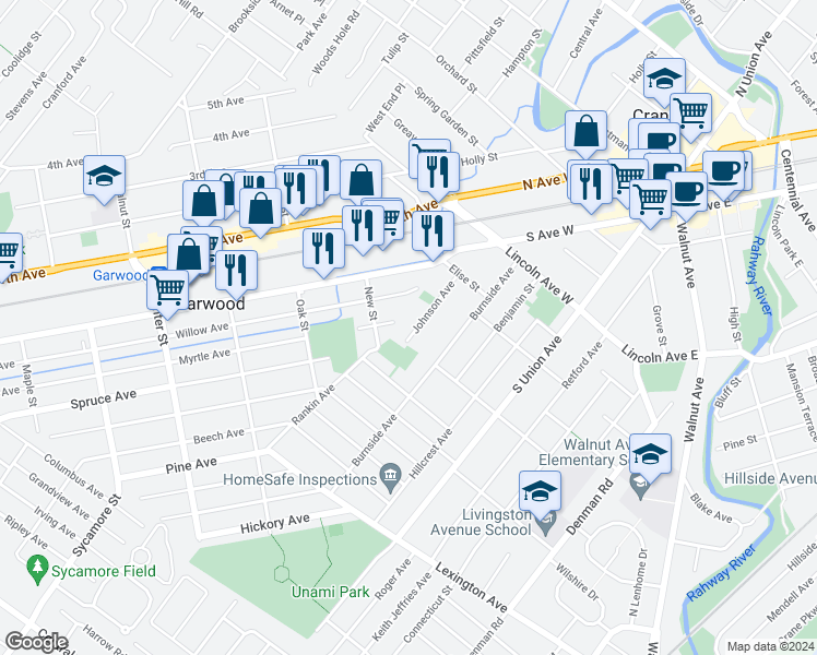 map of restaurants, bars, coffee shops, grocery stores, and more near 52 Johnson Avenue in Cranford