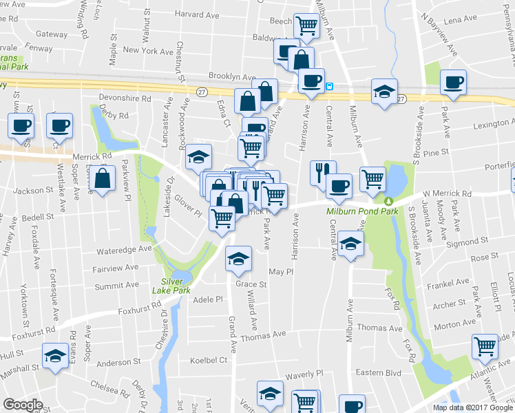 map of restaurants, bars, coffee shops, grocery stores, and more near 87 Merrick Road in Baldwin
